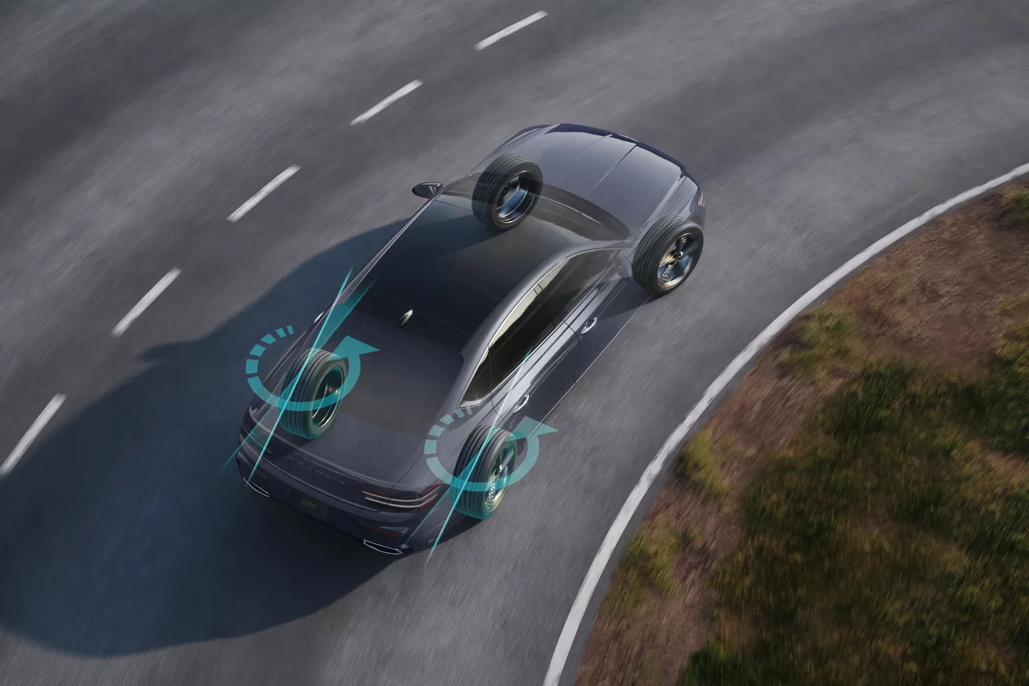 Overhead view of cross sectioned Genesis G80 driving on track, animated icons displaying drivetrain