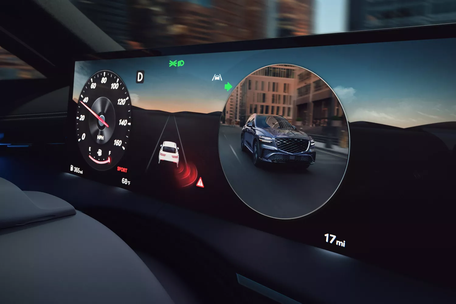 Closeup of instrument cluster details inside Genesis G80, motion blurred city in background