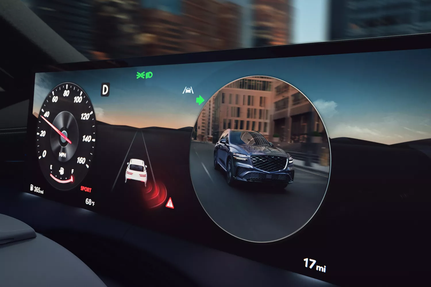 In-car display with speedometer, navigation showing a car ahead, and a circular side view of the car in urban setting.